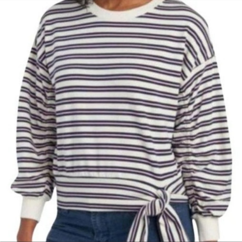 Kensie Pink White Navy Blue Striped Tie Waist Sweatshirt Size XL.
